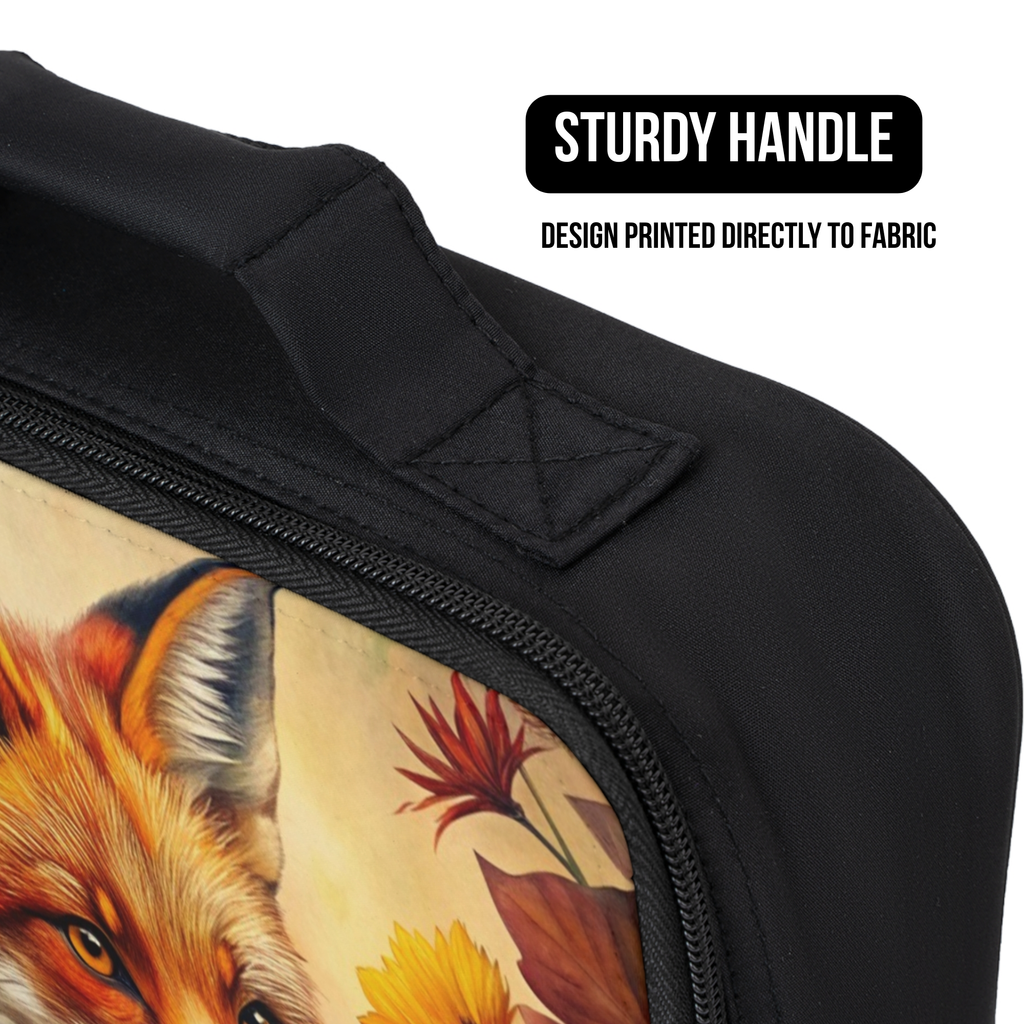 close up of a black lunch bag with a fox design printed directly to the fabric and a sturdy handle. 