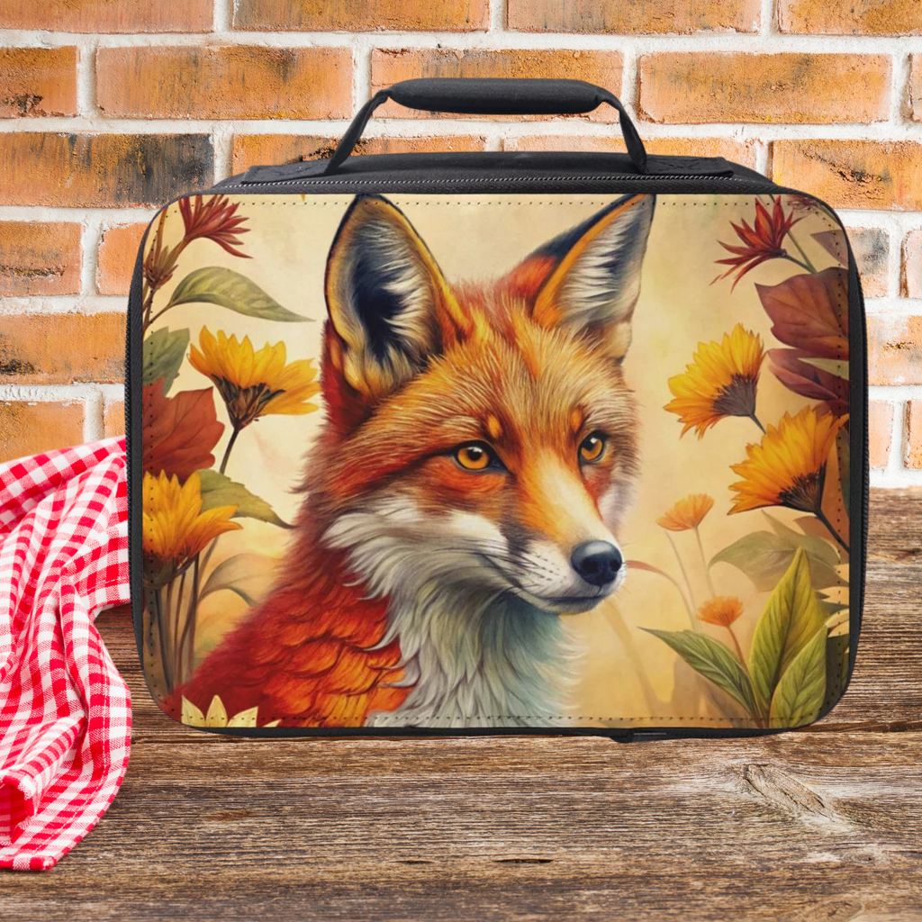 Lunch bag with a fox design on a wooden picnic table against a brick wall background