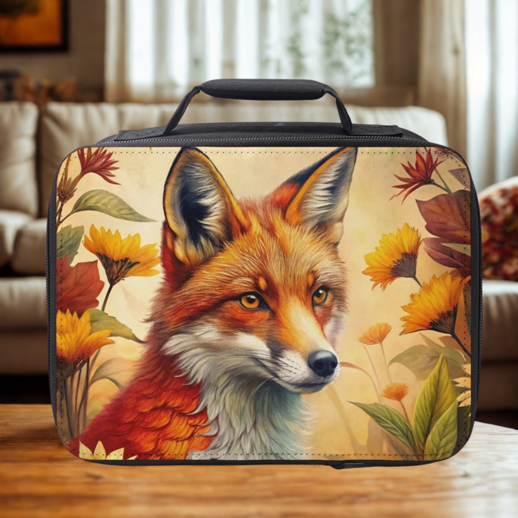  insulated lunch bag with a fox design on a wooden table in a cozy living room
