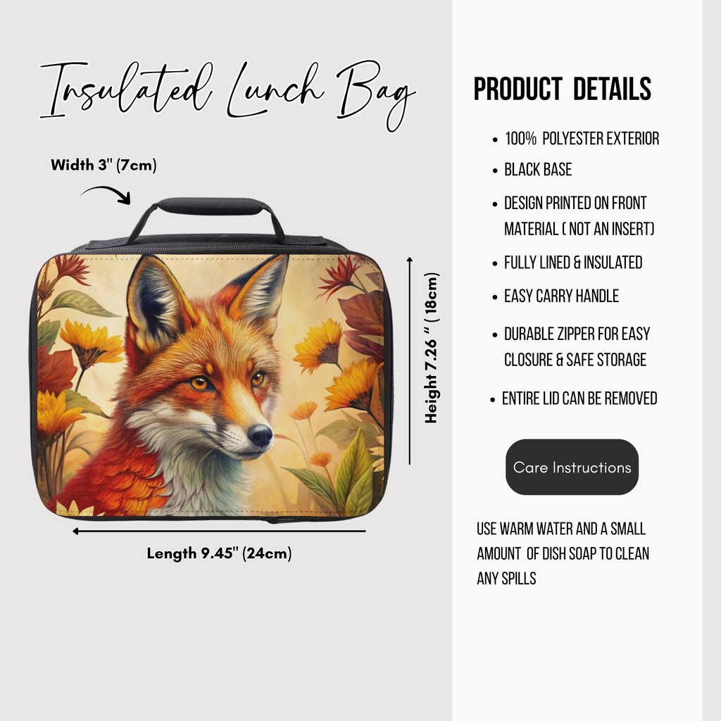 Insulated lunch bag with fox design and product details on a white background