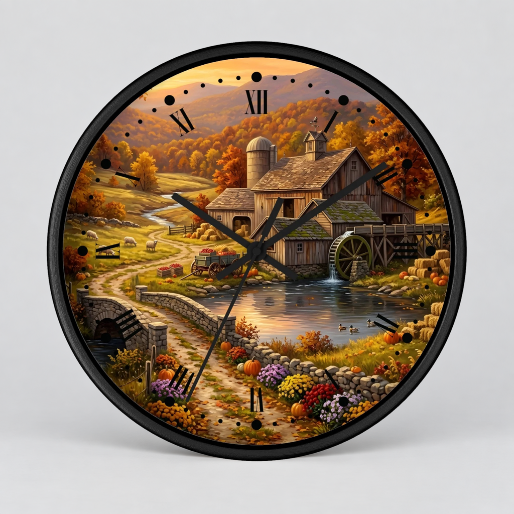 A round wall clock with a black frame and a detailed autumn landscape illustration on the face, showing a rustic mill, water wheel, stone bridge, flowers, and fall foliage. The clock has black Roman numerals and black hands on a light gray background.