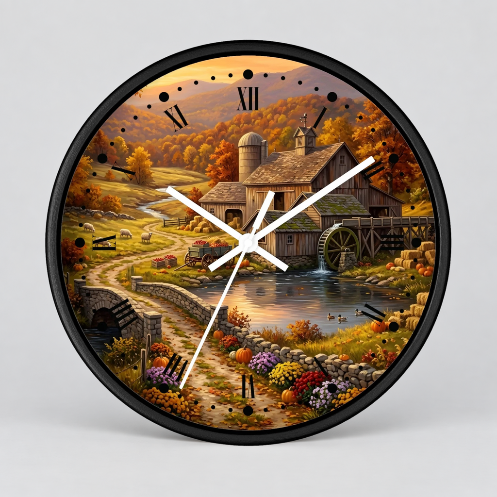 A round wall clock with a black frame and a detailed autumn farm landscape printed on the face, featuring a watermill, pond, crops, and a stone bridge. The clock has black Roman numerals and white hands on a light gray background.
