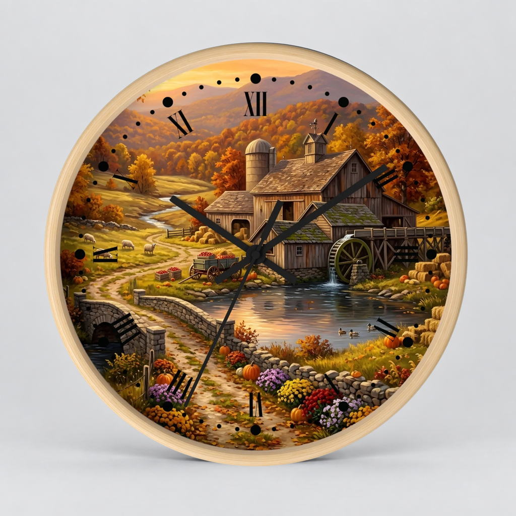 Round wall clock with a light wood frame and a detailed autumn farm landscape printed on the face, featuring a barn, water wheel, river, flowers, and Roman numeral hour markers.