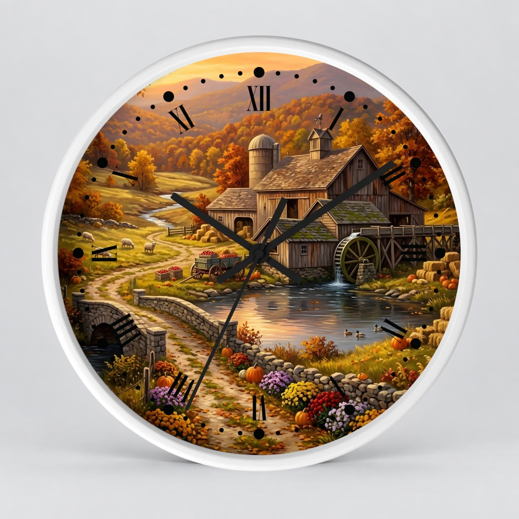 Round wall clock with a white outer frame and a detailed autumn landscape print featuring a rustic barn, water wheel, stone bridge, flowers, and mountains. The clock face has black Roman numerals and black clock hands on a light gray background.