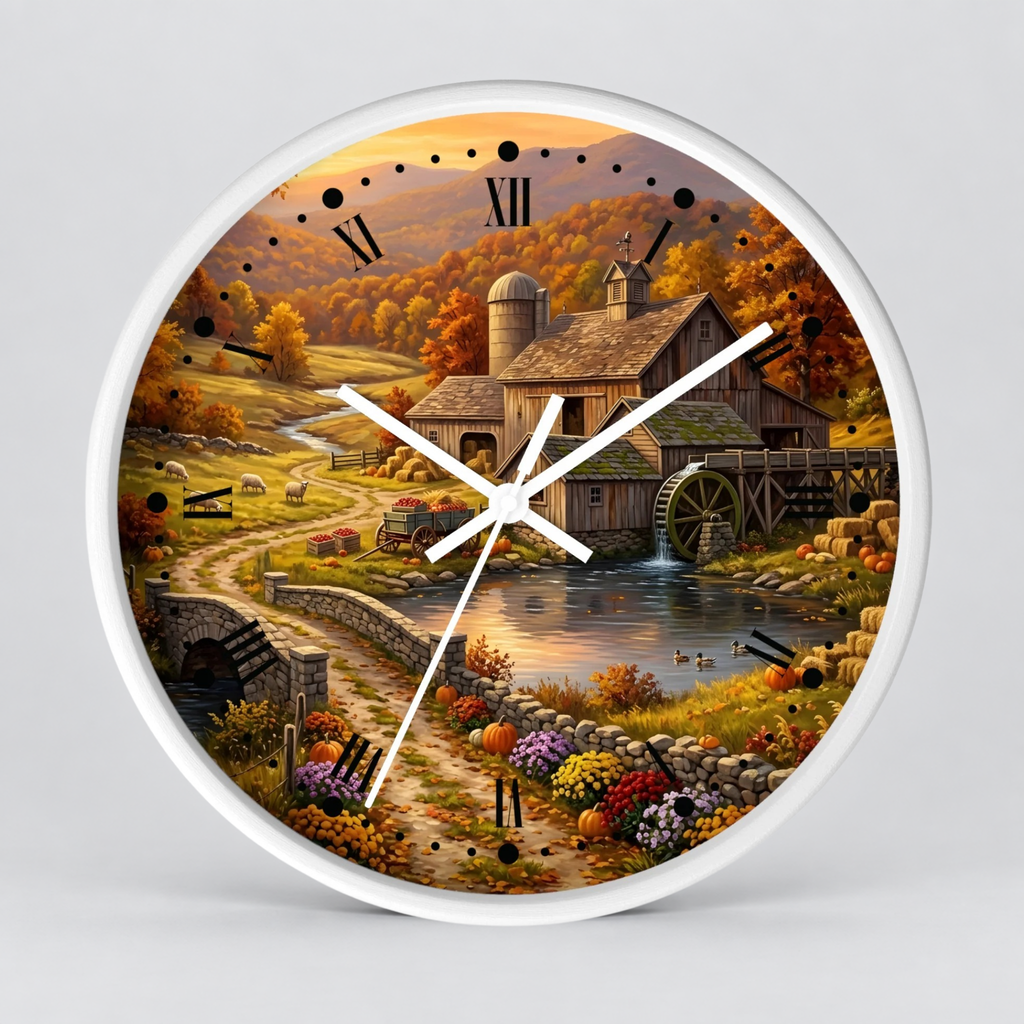 Round wall clock with a white frame and a detailed autumn farm landscape printed on the face, featuring a barn, water wheel, pond, flowers, and Roman numeral hour markers.