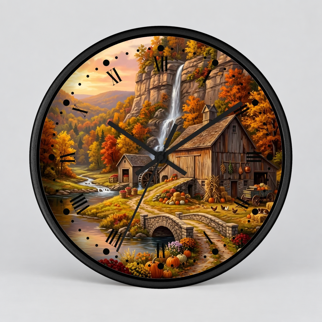 Round wall clock with a black frame and hands, featuring a detailed autumn landscape illustration with a waterfall, rustic barn, stone bridge, pumpkins, and fall foliage on a light gray background.