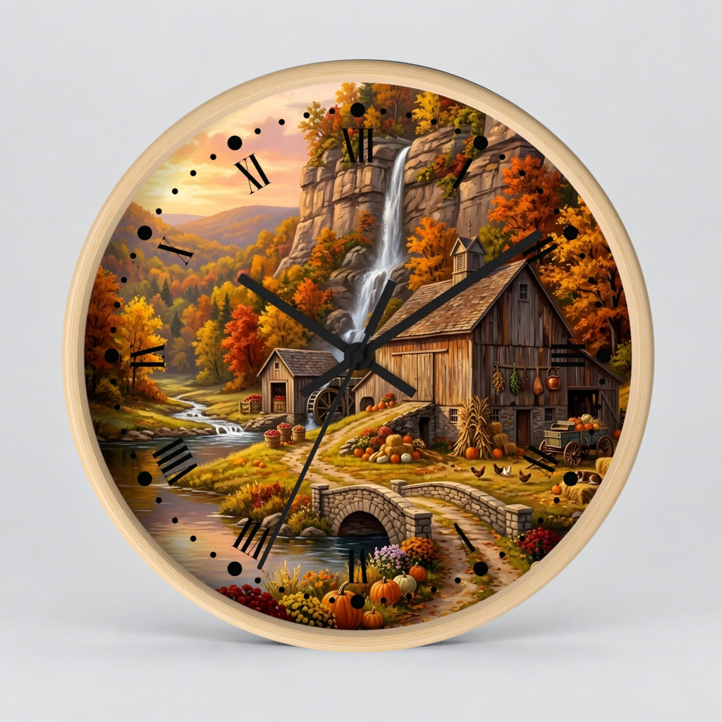 A round wall clock with a light wood frame and a detailed autumn landscape print featuring a waterfall, rustic barn, stone bridge, and colorful fall foliage. The clock face has black Roman numerals and black hands, shown against a light gray background.