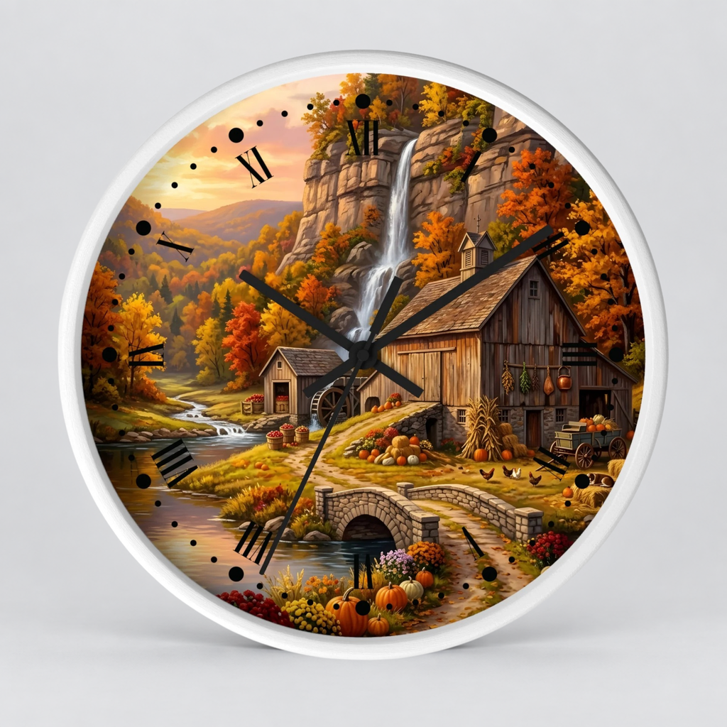 A round wall clock with a white frame and a detailed autumn landscape print featuring a waterfall, rustic barn, stone bridge, pumpkins, and colorful fall foliage. The clock is shown against a light gray background.