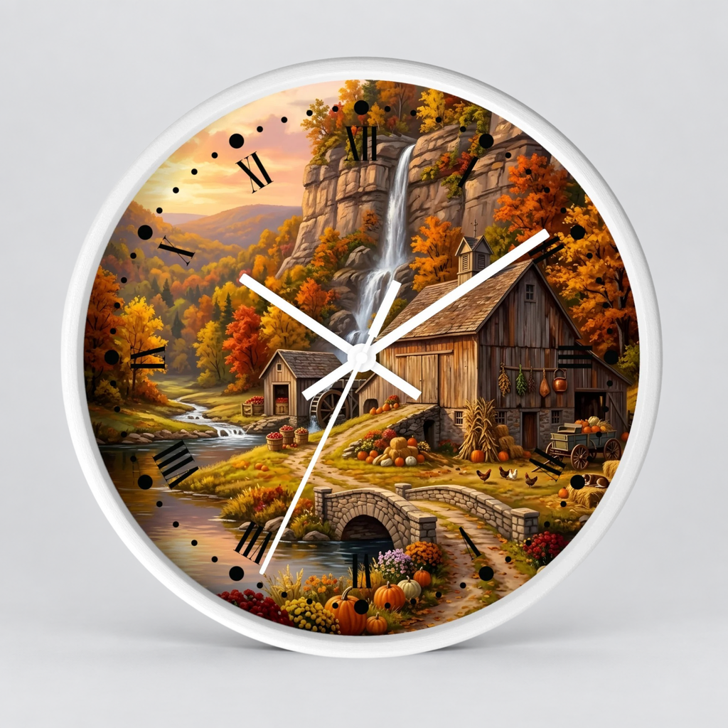Round wall clock with a white frame and a detailed autumn landscape print featuring a rustic barn, waterfall, stone bridge, creek, and colorful fall foliage. The clock has black Roman numerals and white hands on a light gray background.