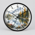 A round wall clock with a black frame and a scenic landscape print featuring mountains, pine trees, a reflective lake, and a cloudy sky. The clock face uses black Roman numerals and black hands, photographed against a light gray studio background.