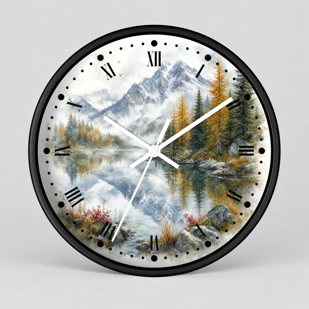 A round wall clock with a black frame and a scenic landscape print featuring mountains, a reflective lake, evergreen trees, and a misty sky. The clock face uses black Roman numerals and white hands, photographed against a light gray background.