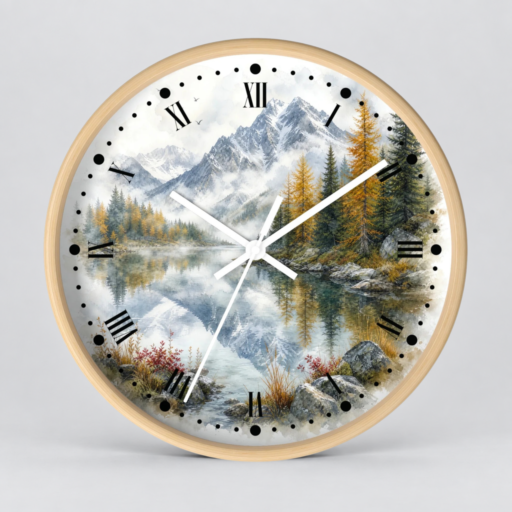Round wall clock with a light wood frame and a scenic landscape print featuring mountains, pine trees, a reflective lake, and Roman numerals on the dial, shown against a light gray background.