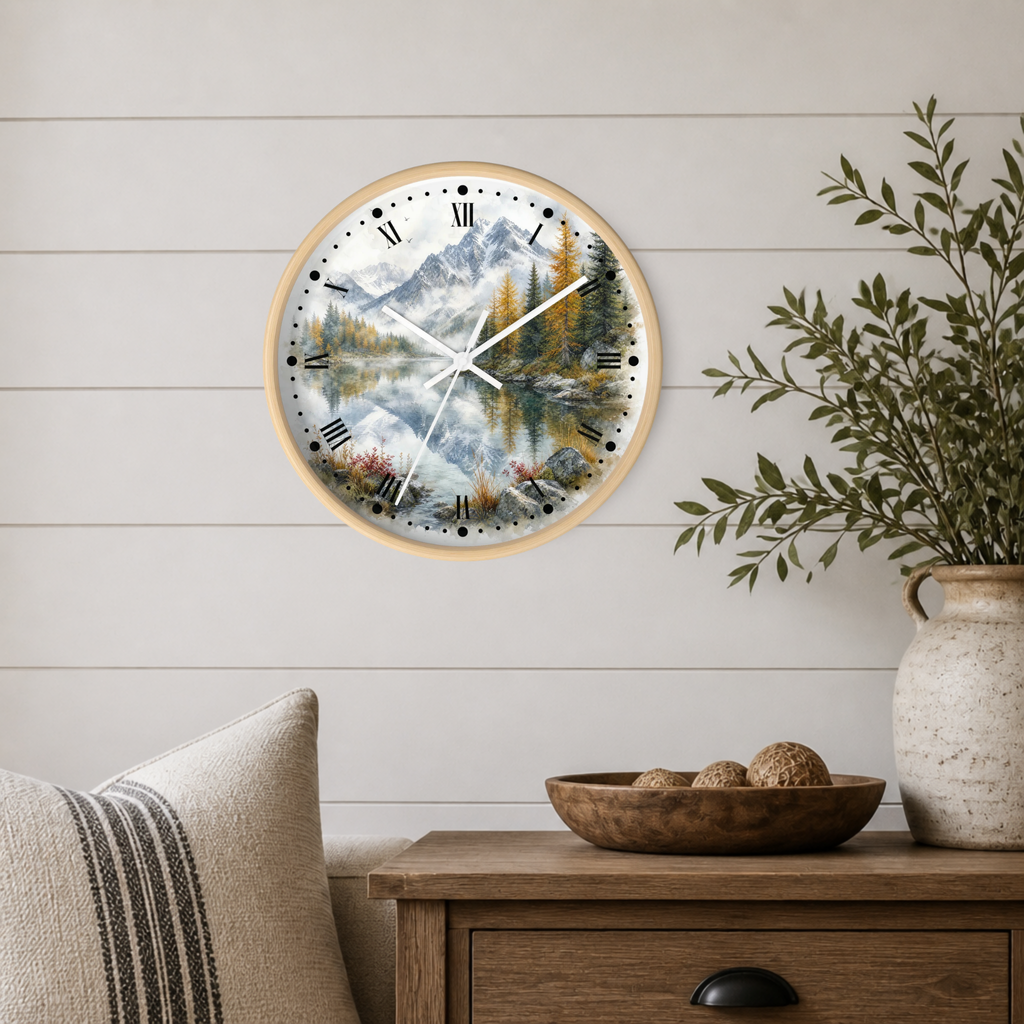 A round wall clock with a light wood frame and a scenic mountain lake print, mounted on a white shiplap wall above a wooden side table with a vase and bowl.