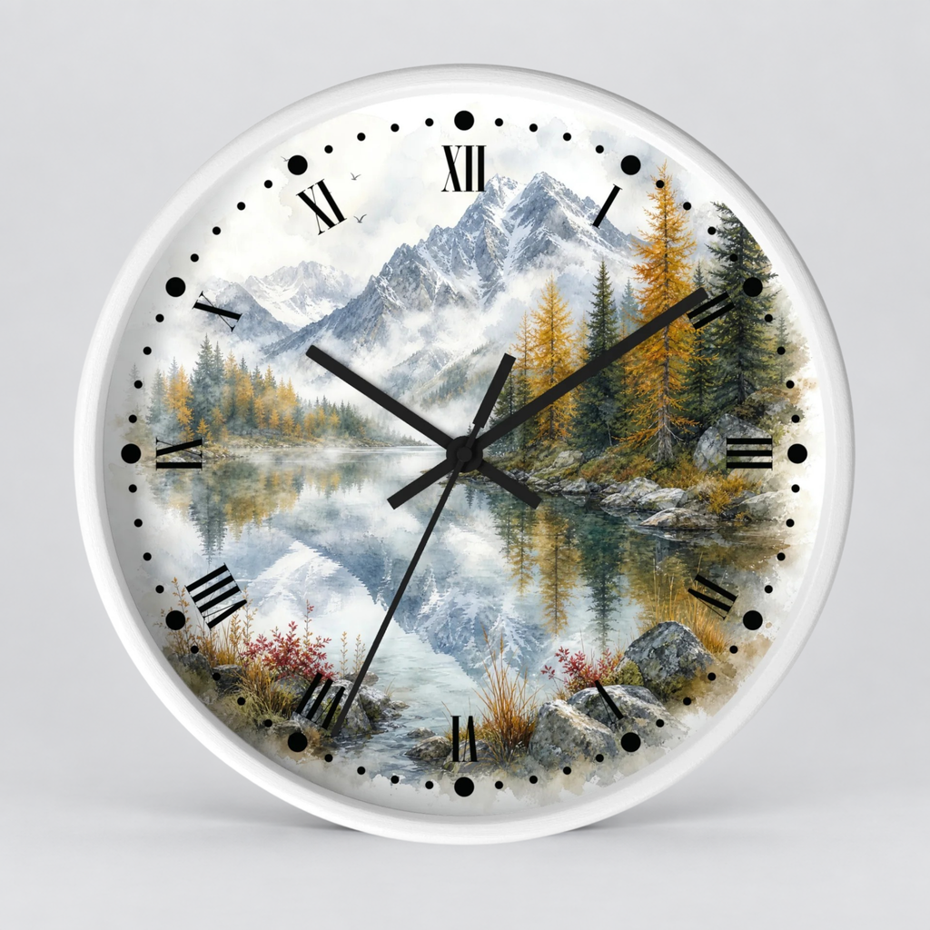 A round wall clock with a white frame and a scenic landscape print featuring snow-capped mountains, pine trees, a reflective lake, and black Roman numerals and hands on a light gray background.