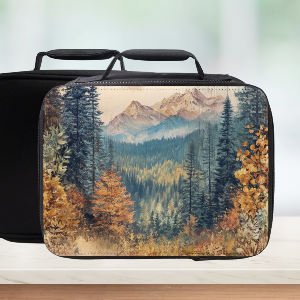 Lunch bag with mountain and forest design on a white surface