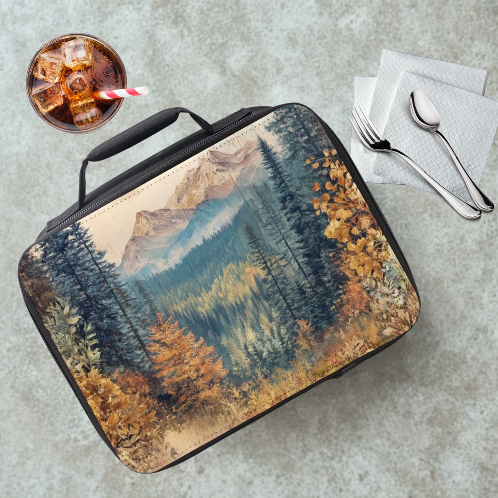 Lunch bag with nature design on a cafeteria table with a drink and utensils.