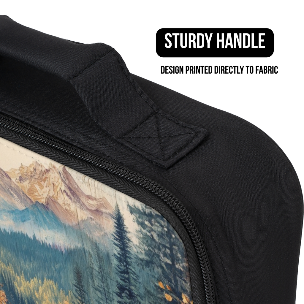 Black lunch bag with mountain design and 'Sturdy Handle' text on a white background