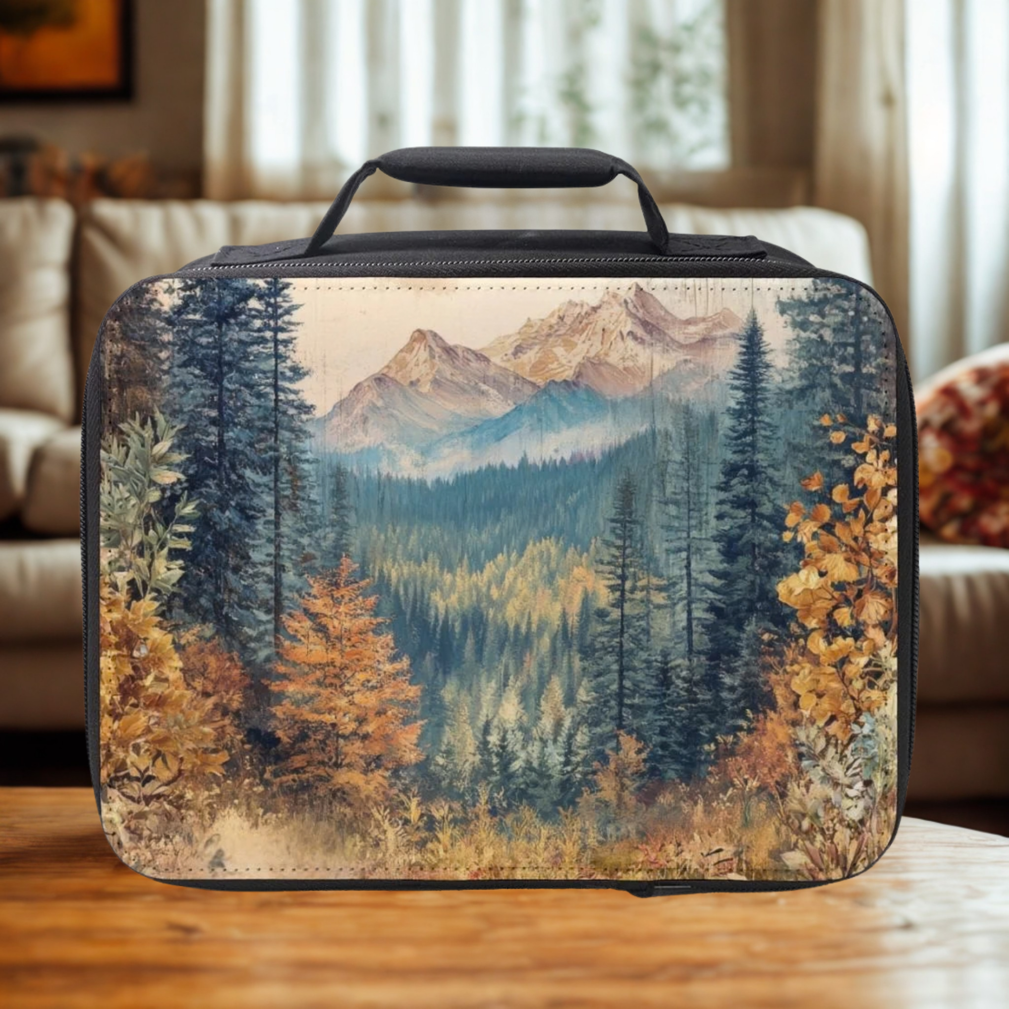 lunch bag with a scenic design of mountains and trees on a wooden table in a cozy living room.