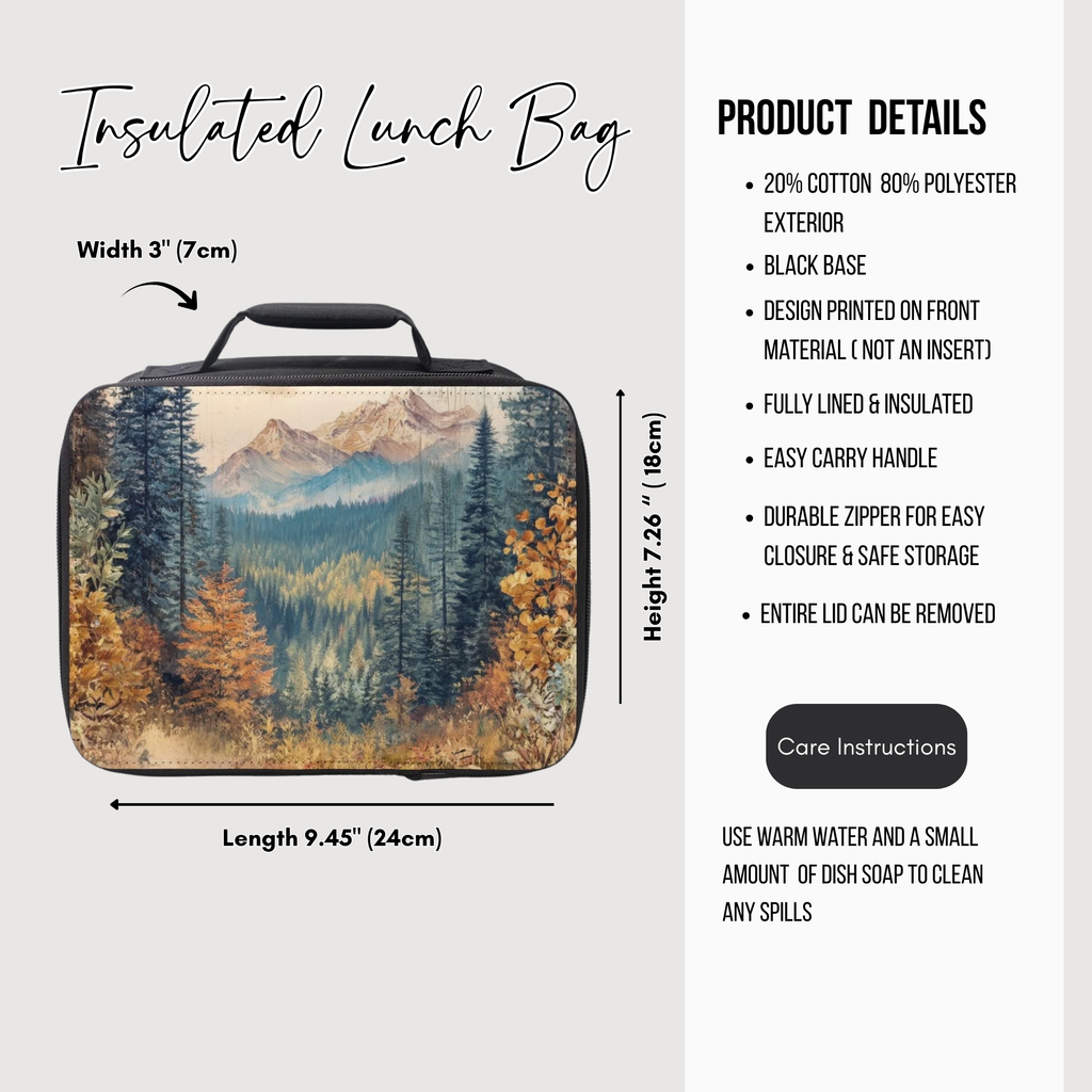 Insulated lunch bag with nature design and product details on a white background