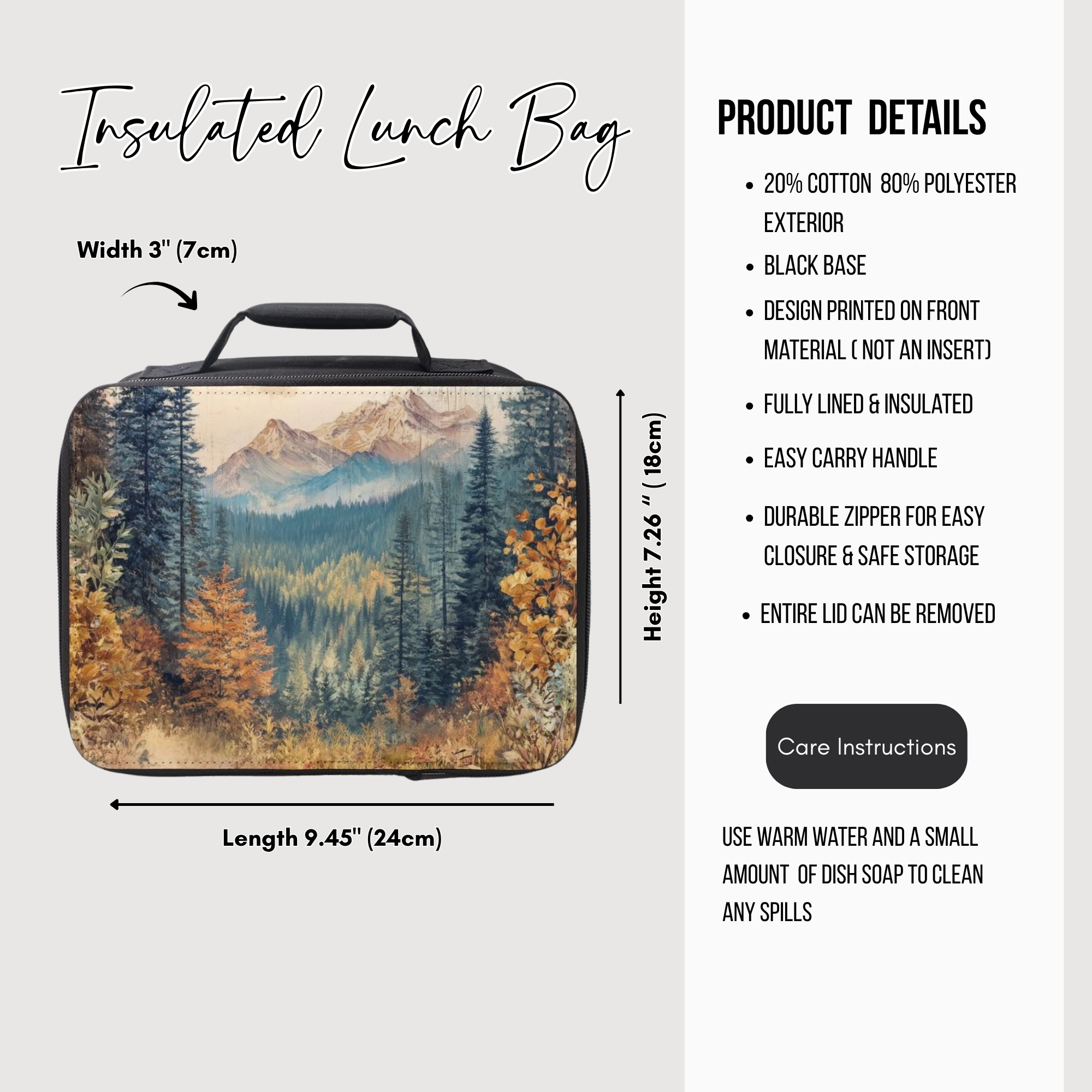 Insulated lunch bag with nature design and product details on a white background