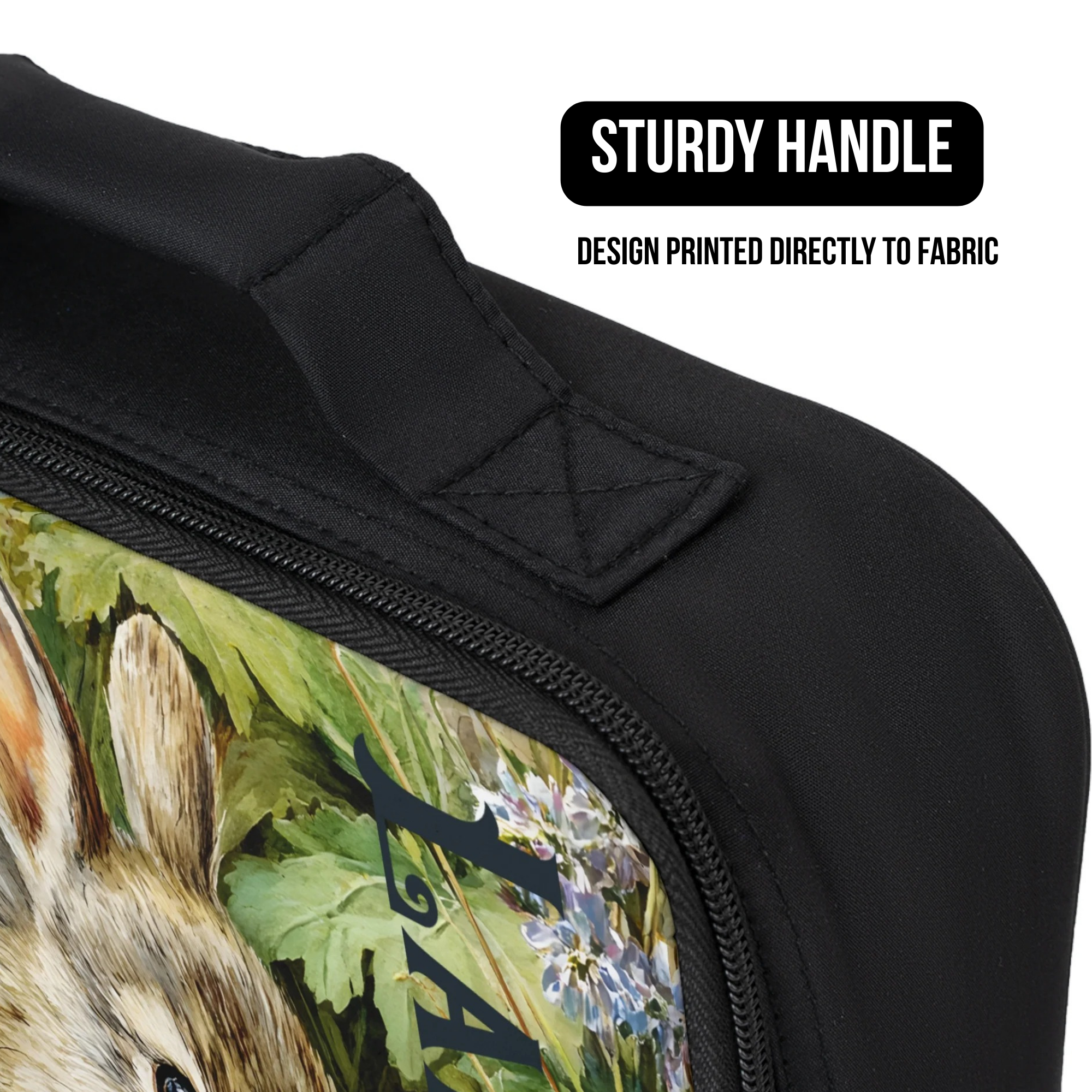 Black lunch bag with a colorful animal design printed directly to fabric, featuring a sturdy handle.