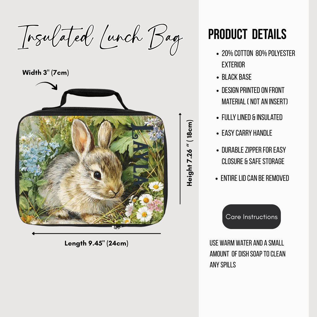 Insulated lunch bag with a rabbit design and product details on a white background