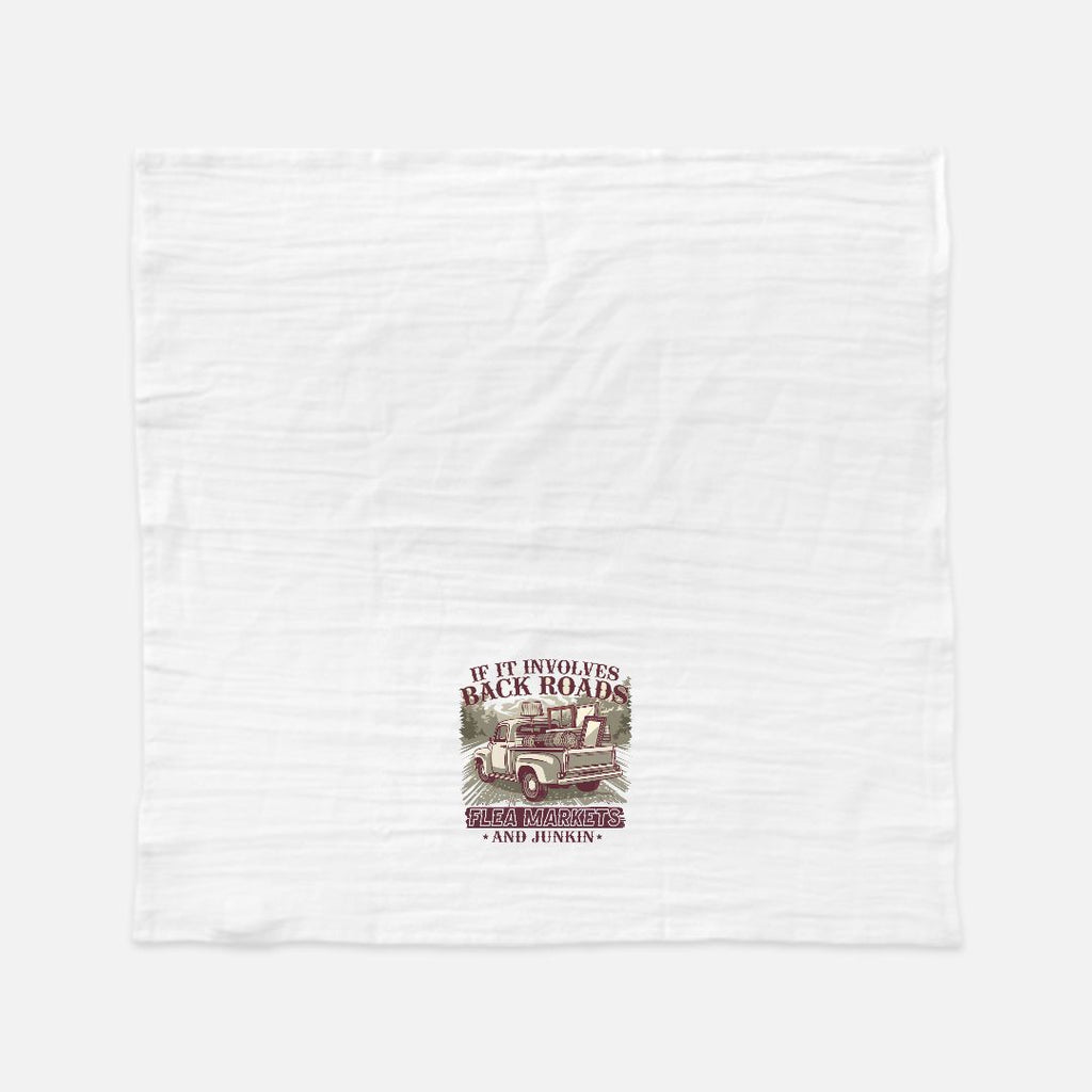 White tea towel with a graphic of a truck and text on a white background