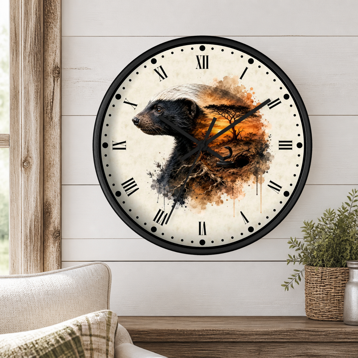 A round wall clock with a black frame and Roman numerals, featuring a painted badger over an orange-brown tree silhouette on an off-white face, mounted on a white shiplap wall above a wooden table with a plant.