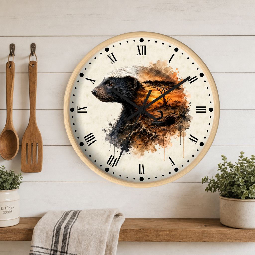 A round wall clock with a light wood frame hangs on a white wood plank wall above a wooden shelf. The clock face features a watercolor-style illustration of a badger over an orange and brown abstract landscape, with black Roman numerals and hands.
