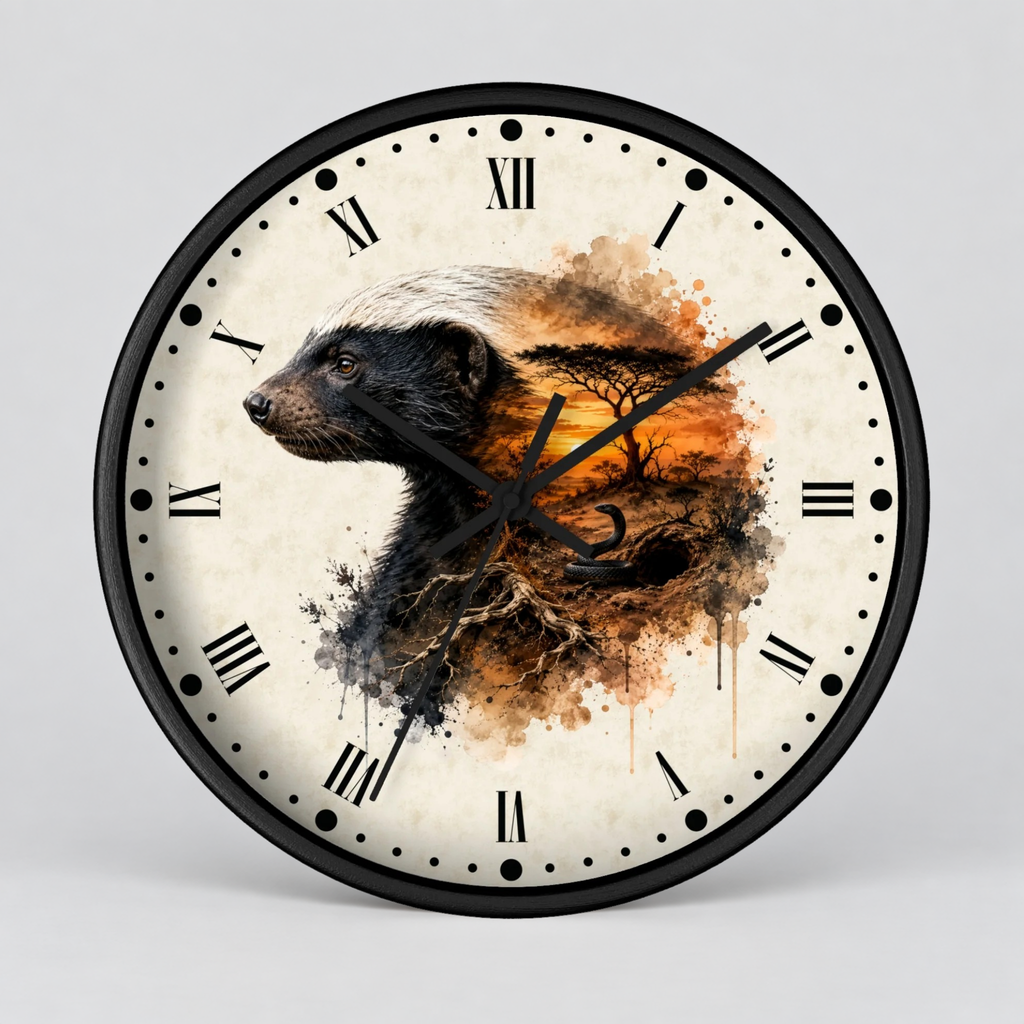 A round wall clock with a black frame and a cream-colored face featuring a painted badger and orange-brown watercolor artwork, with black Roman numerals and markers.