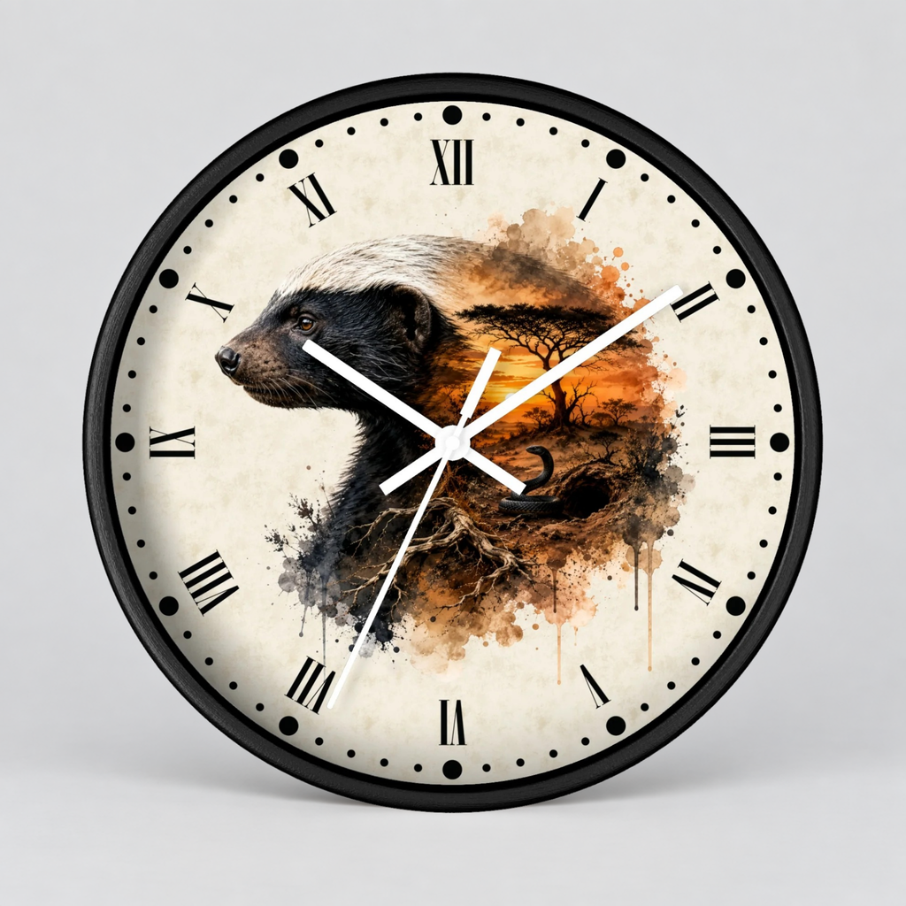 A round wall clock with a black frame and a cream-colored face featuring a painted badger and orange-brown watercolor artwork, with black Roman numerals and white hands, shown against a light gray background.