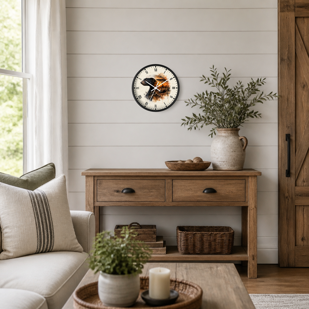 A round wall clock with a rustic black frame and colorful badger illustration hangs on a white shiplap wall above a wooden console table in a bright, modern farmhouse-style living room.
