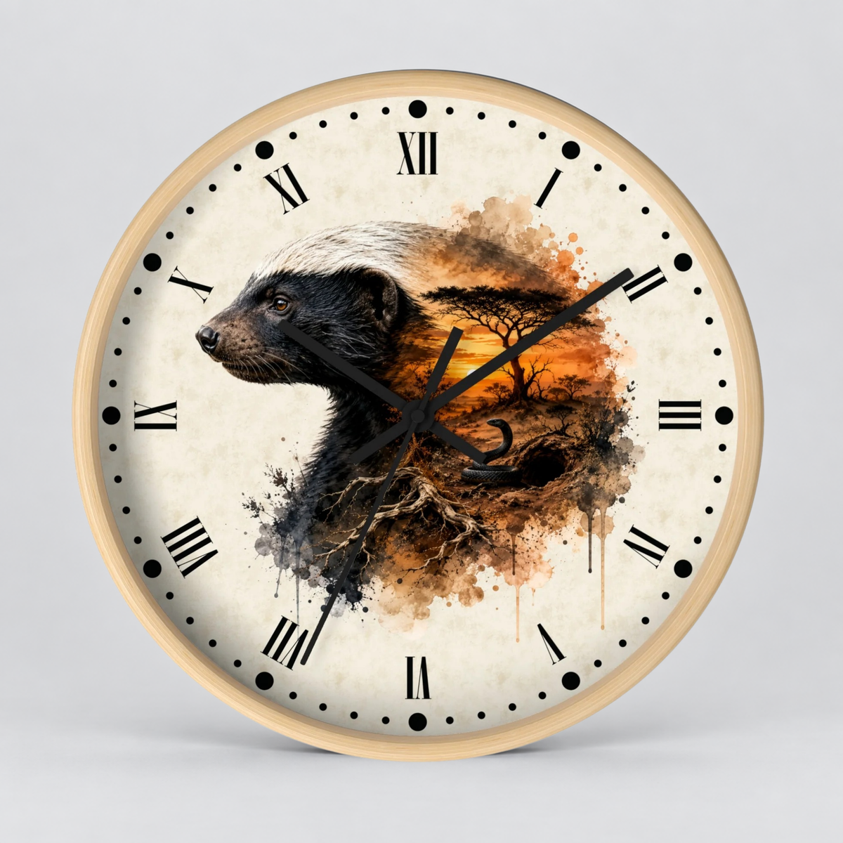 Round wall clock with a light wood frame and a cream-colored face featuring a painted badger and orange-brown watercolor tree design, with black Roman numerals and hands, shown on a light gray background.