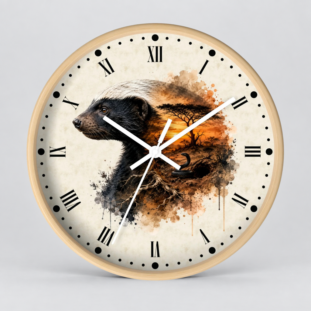 Round wall clock with a light wood frame and a cream-colored face featuring a painted badger over an orange-brown tree and root design, with black Roman numerals and white hands.