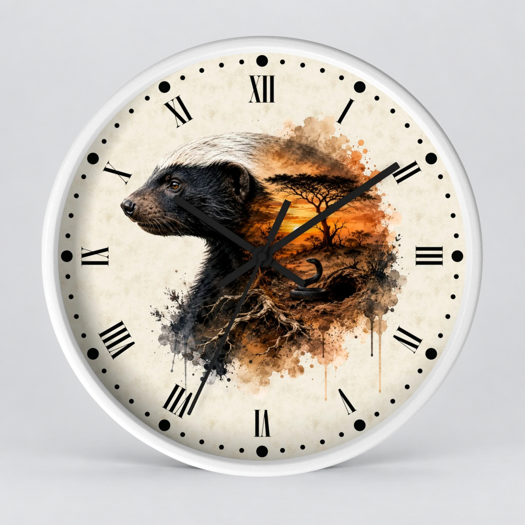 Round wall clock with a white frame and a cream-colored face featuring a painted badger and an orange-brown watercolor landscape, with black Roman numerals and hands, shown on a light gray background.