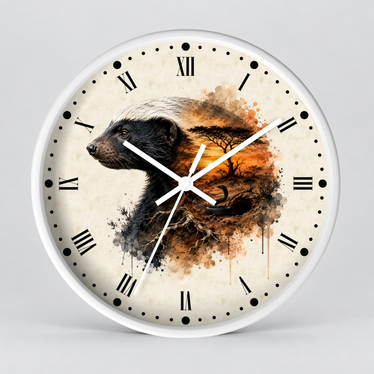 A round wall clock with a white frame and a cream-colored face featuring a painted badger and an orange-brown tree silhouette. The clock has black Roman numerals and white hands, photographed against a neutral light gray background.