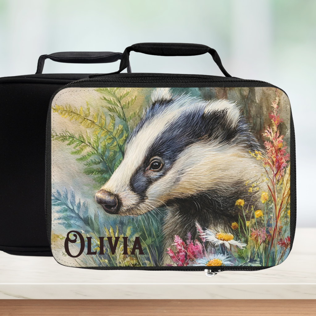Lunch bag with a badger illustration and 'Olivia' text on a natural background