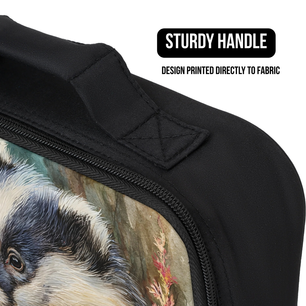 Black lunch bag with a design of a badger printed directly to fabric, featuring a sturdy handle.