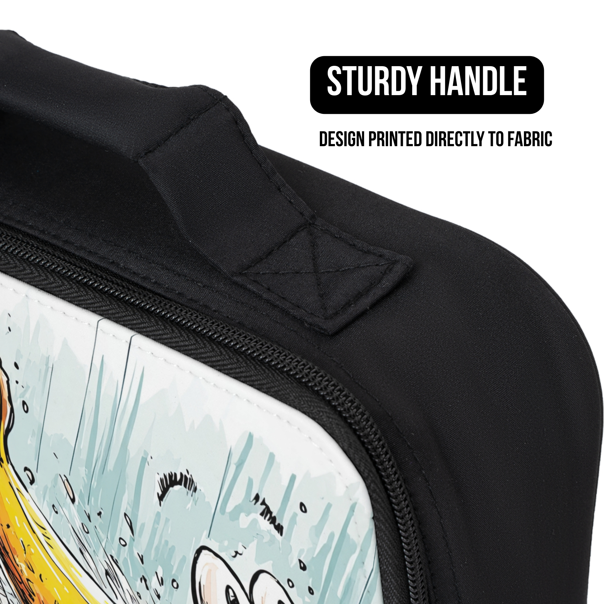 Black lunch bag with a design printed directly to fabric, featuring a handle and text indicating the feature.