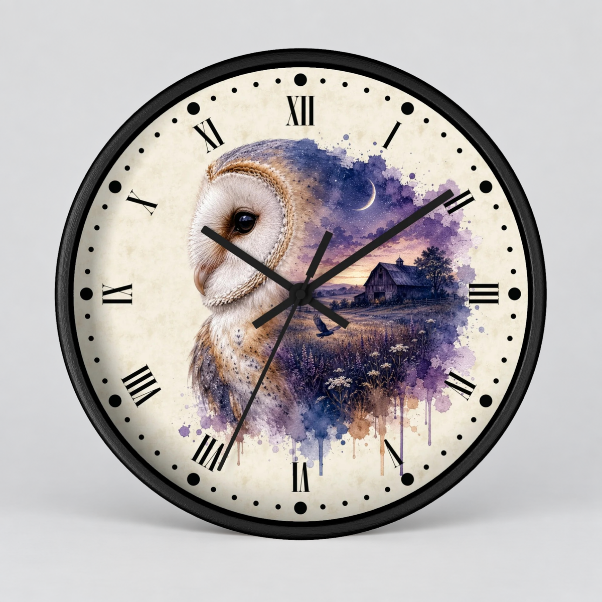 A round wall clock with a black frame and a cream-colored face featuring a watercolor-style barn owl illustration and a small house scene in purple, blue, and brown tones. The clock has black Roman numerals and black hands on a light gray background.