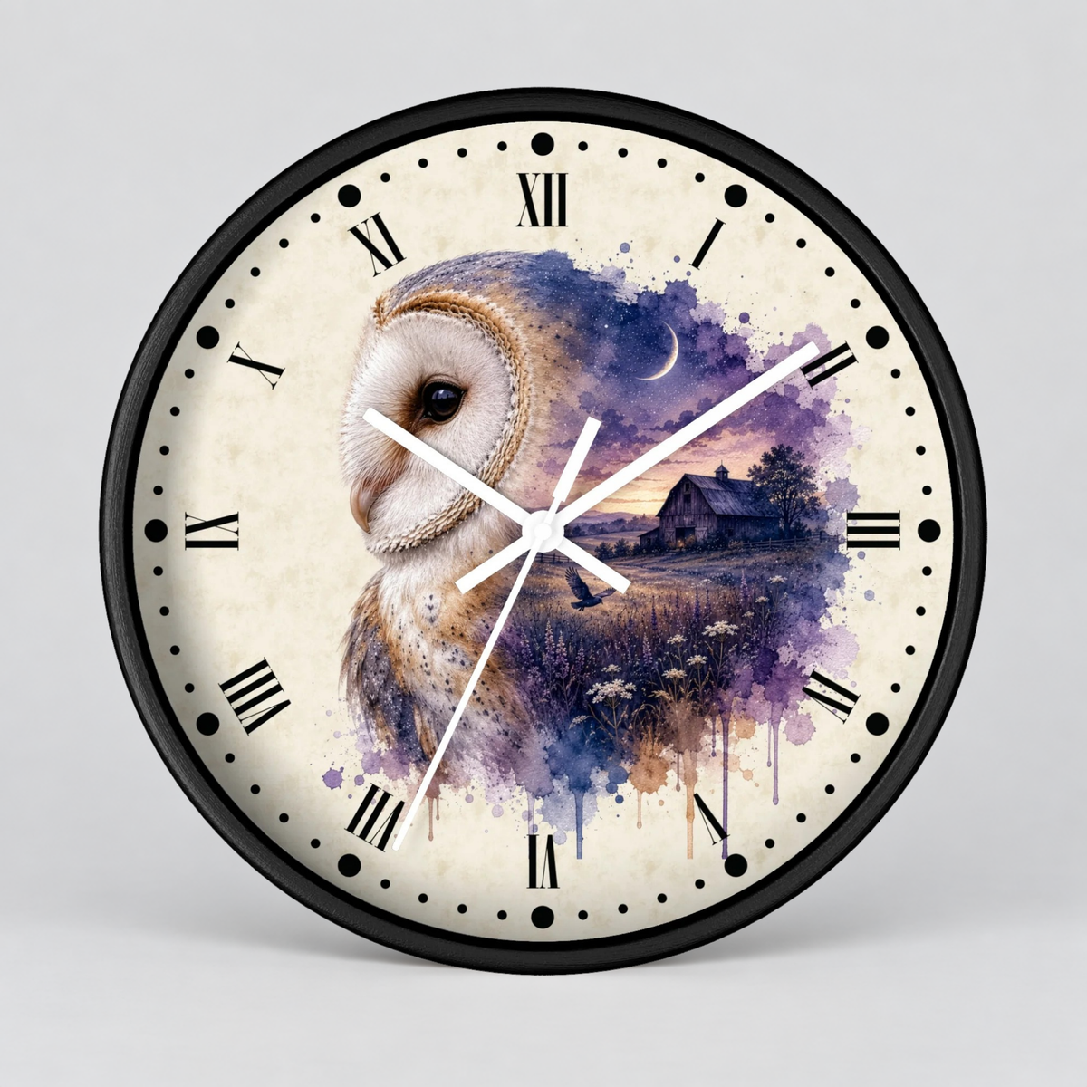 A round wall clock with a black frame and a cream-colored face featuring a watercolor-style barn owl illustration in white, brown, and purple, with black Roman numerals and white clock hands, shown against a light gray background.