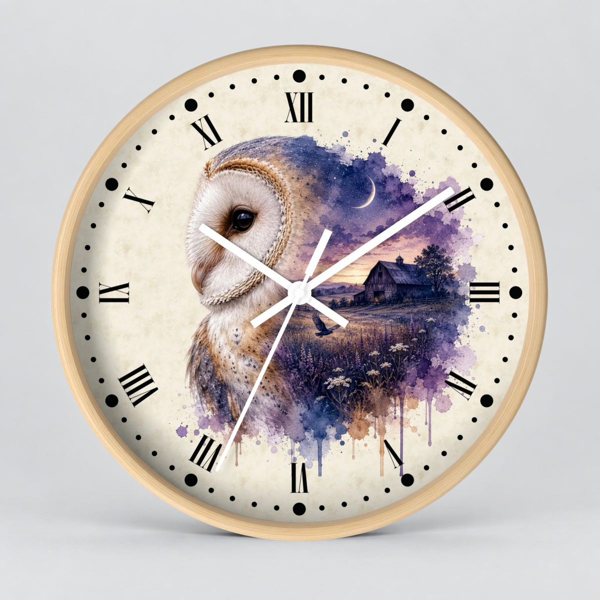 Round wall clock with a light wood frame and a cream-colored face featuring a watercolor-style barn owl over a purple and blue landscape at dusk, with black Roman numerals and white hands.