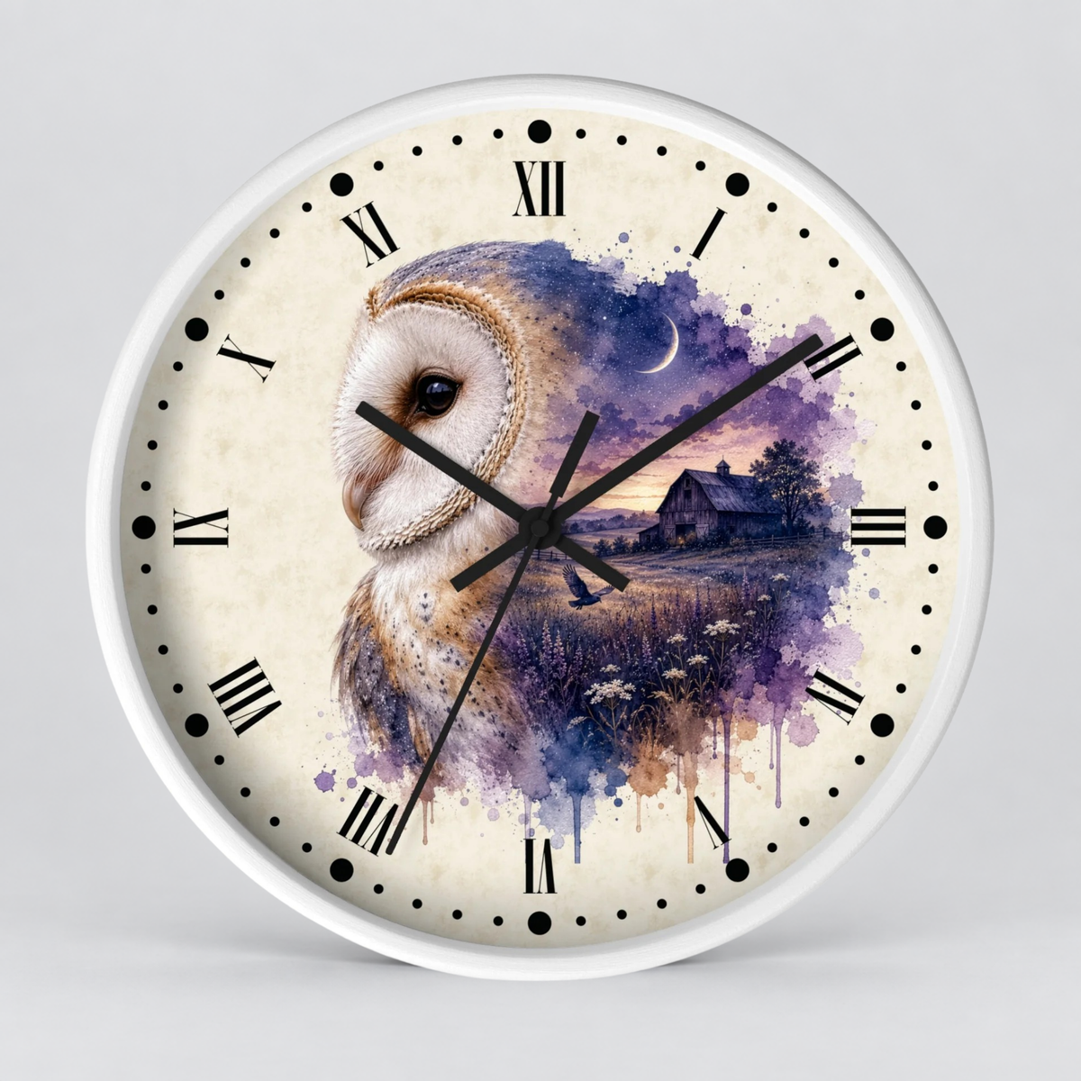 A round wall clock with a white frame and a cream-colored face featuring a watercolor-style barn owl illustration in purple, blue, and brown tones, with black Roman numerals and hands.