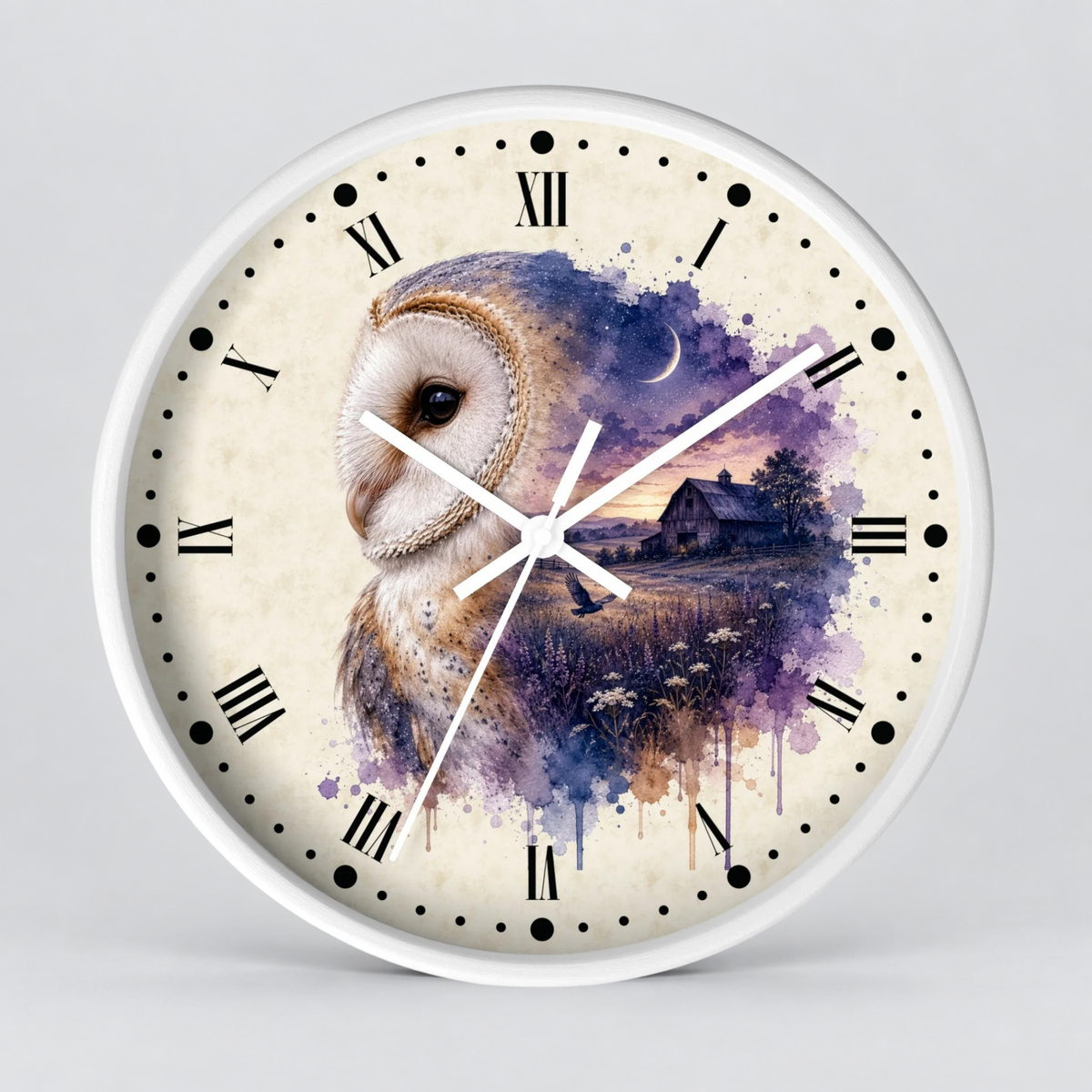 Round wall clock with a white frame and a cream-colored face featuring a watercolor-style barn owl illustration in purple, blue, and brown tones, with black Roman numerals and white hands.