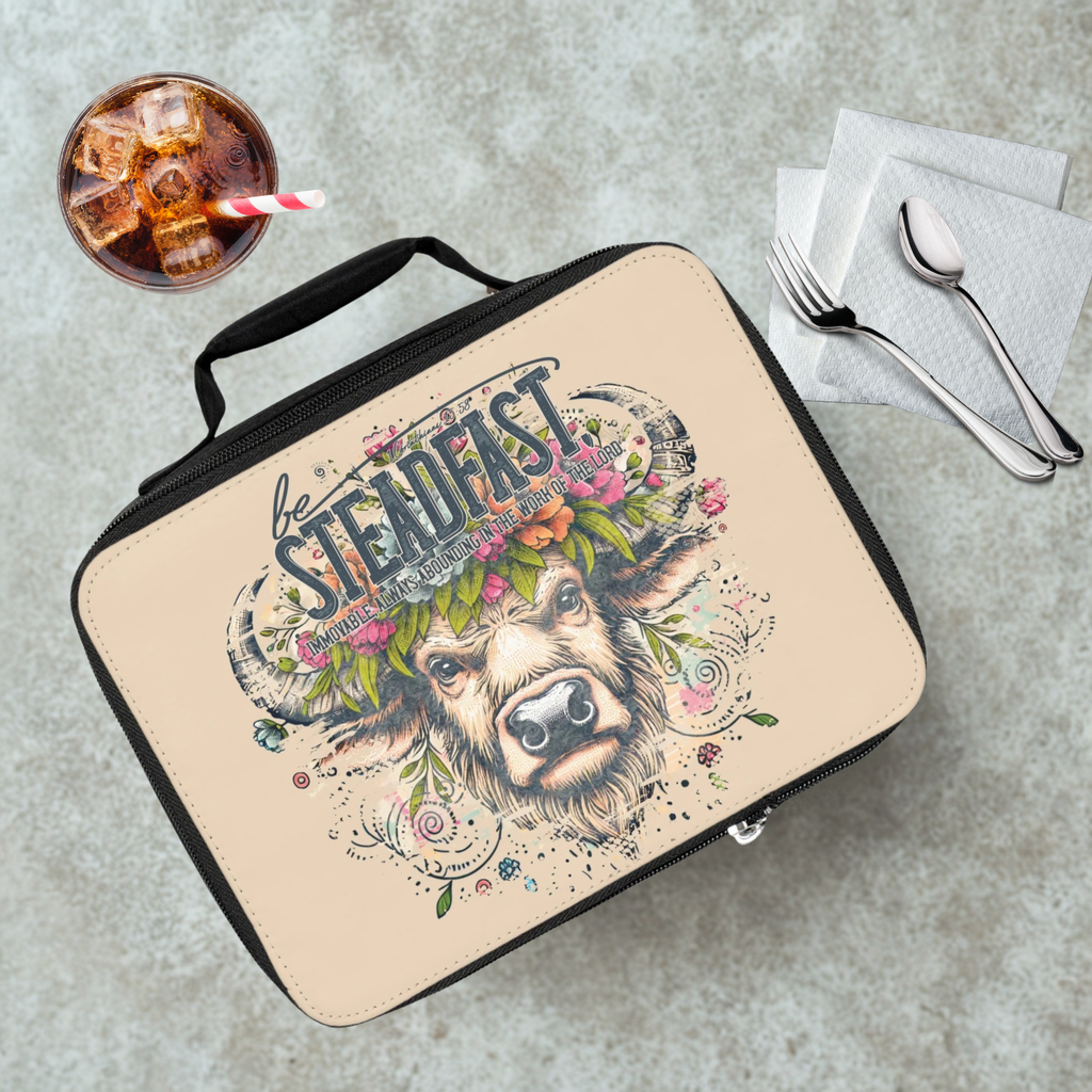 Lunch bag with a buffalo illustration and 'Be Steadfast' text on a concrete surface with a drink and utensils.