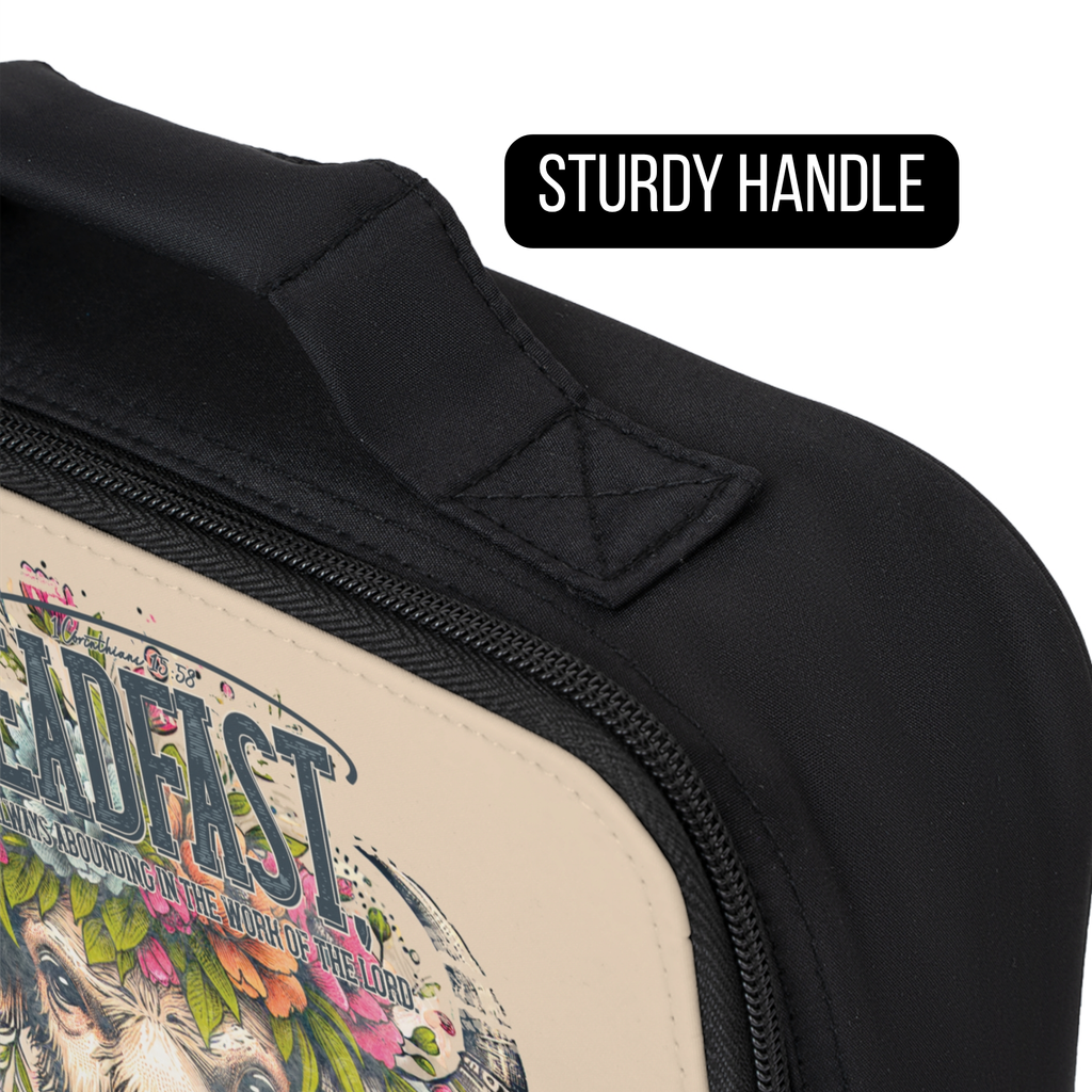 Close-up of a bag with a floral design and text, highlighting the sturdy handle.