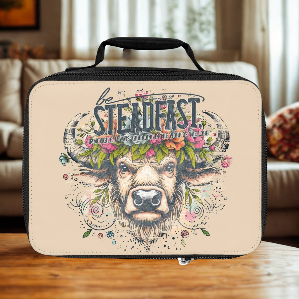  insulated lunch bag with a bull design and 'be steadfast' text on a wooden coffee table.