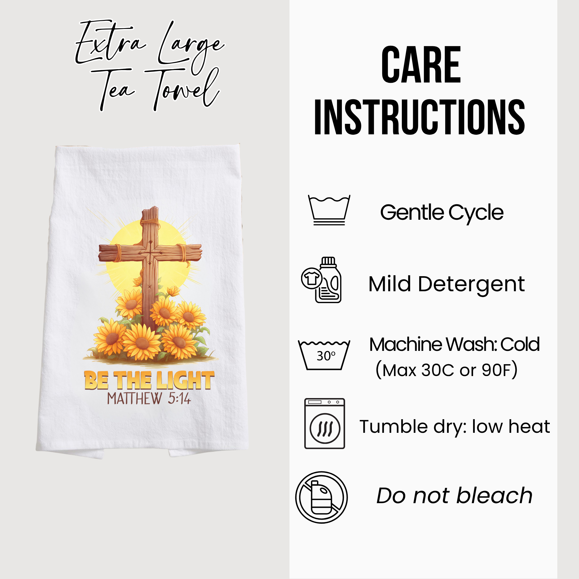 Tea towel with cross and sunflower design and care instructions on a white background