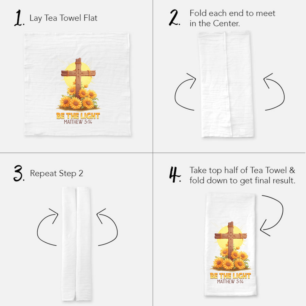 Instructions for folding a tea towel with a cross and flowers design.