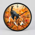 A round wall clock with a black frame and a printed illustration of a beagle dog walking through orange autumn leaves. The clock face has black Roman numerals and black hands, shown against a light gray background.